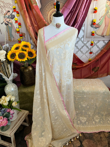 Banarasi Pure Cotton Saree | Off-White | Gold Zari | Handwoven | Ships from California